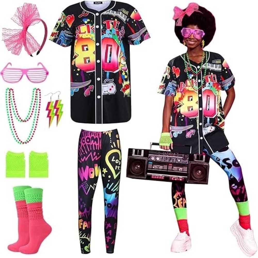 ZhouBoat Womens 80s Costume Set Neon Button Down Shirt Leggings Accessories LRG